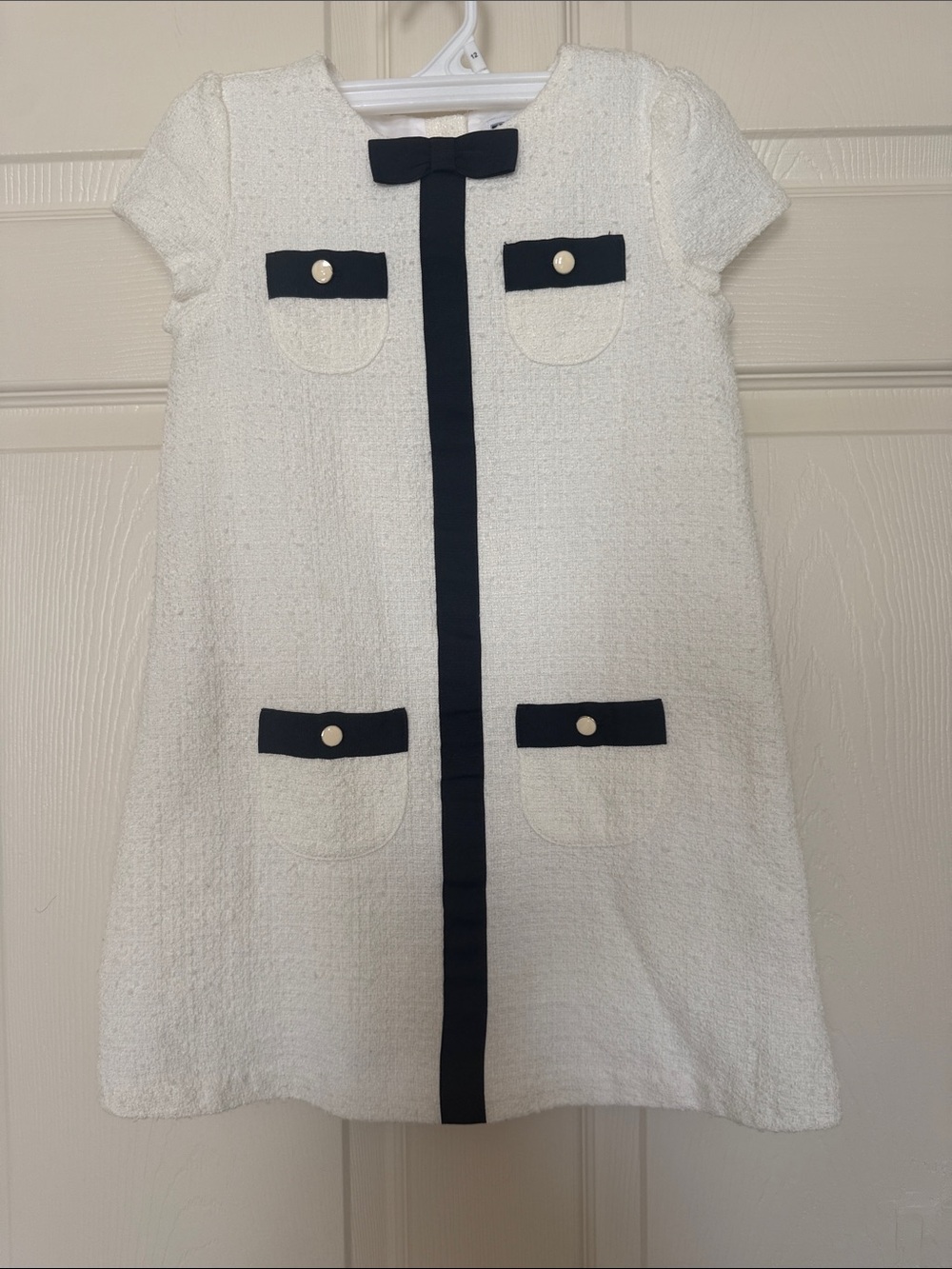 Cream Textured Boucle Shift Dress with Black Trim and Button Detail Channel look